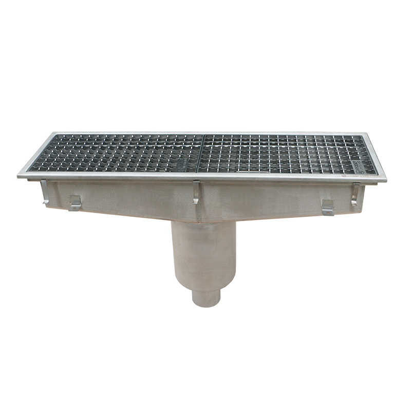 Modular nga kemikal nga stainless channel drain nga adunay anti-slip mesh grating ug vertical floor drain